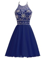Modest Halter Top Beading Club Wear Navy Blue Zipper Sleeveless Knee Length