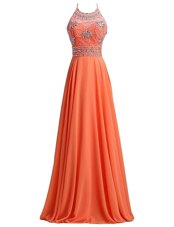 Scoop Orange Red Sleeveless Beading and Belt Zipper Prom Dress
