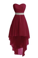 Sleeveless High Low Belt Lace Up Junior Homecoming Dress with Burgundy