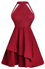 Fantastic Ruffled A-line Club Wear Wine Red High-neck Chiffon Sleeveless Knee Length Zipper