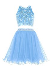 Scoop Mini Length Empire Sleeveless Blue Juniors Party Dress Backless
