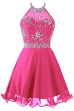 Fashionable Hot Pink Teens Party Dress Prom and Party and For with Beading Halter Top Sleeveless Zipper