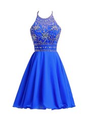 Halter Top Sleeveless Cocktail Dress Knee Length Beading Royal Blue Chiffon