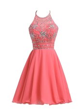 Charming Halter Top Sleeveless Party Dress Knee Length Beading Watermelon Red Chiffon