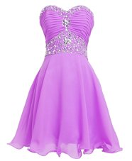 Superior Lilac Empire Sweetheart Sleeveless Organza Mini Length Lace Up Beading and Belt Cocktail Dress