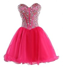 Affordable Hot Pink Ball Gowns Sweetheart Sleeveless Organza Mini Length Lace Up Beading Cocktail Dress