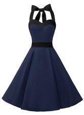 Artistic Halter Top Knee Length A-line Sleeveless Navy Blue Party Dresses Zipper