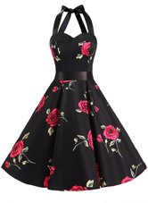 Halter Top Knee Length Black Cocktail Dresses Chiffon Sleeveless Sashes|ribbons and Pattern
