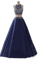 Custom Fit Navy Blue Chiffon Zipper Scoop Sleeveless Floor Length Prom Evening Gown Beading