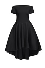 Fine Ruching Evening Dresses Black Side Zipper Short Sleeves Tea Length