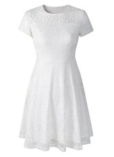 Scoop Short Sleeves Tea Length Lace Side Zipper Cocktail Dress with White