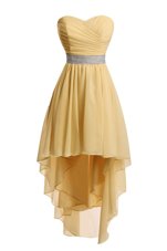 High Low Empire Sleeveless Gold Prom Dresses Lace Up