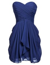 Flirting Sweetheart Sleeveless Teens Party Dress Knee Length Ruching Navy Blue Chiffon