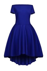 Blue A-line Bateau Short Sleeves Satin Tea Length Side Zipper Ruching Prom Dresses