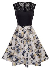 Fashion Scoop Knee Length Multi-color Party Dress Satin Sleeveless Lace and Embroidery and Pattern