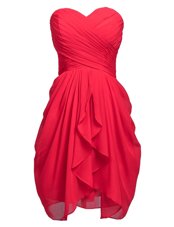 Coral Red Chiffon Lace Up Party Dress for Toddlers Sleeveless Knee Length Ruching