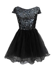 Sequins Black Cap Sleeves Chiffon Zipper Cocktail Dresses for Prom and Party