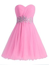 Fine Rose Pink Cocktail Dresses Prom and Party and For with Beading and Ruching Sweetheart Sleeveless Lace Up