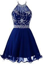 Fashion Halter Top Mini Length Zipper Custom Made Royal Blue and In for Prom and Party with Beading