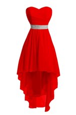 Fine Red Organza Lace Up Sweetheart Sleeveless High Low Evening Dress Belt
