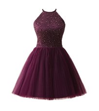 Scoop Sleeveless Knee Length Beading Zipper Club Wear with Dark Purple