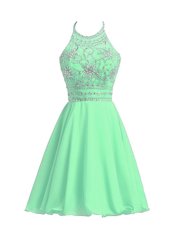 Apple Green A-line Chiffon Halter Top Sleeveless Beading Knee Length Zipper Club Wear