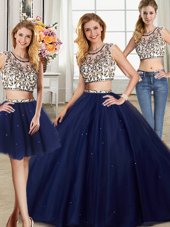 Smart Three Piece Scoop Cap Sleeves With Train Beading Backless Ball Gown Prom Dress with Navy Blue Brush Train