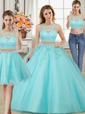 Three Piece Scoop Aqua Blue Ball Gowns Beading and Appliques 15 Quinceanera Dress Zipper Tulle Sleeveless Floor Length