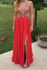Sleeveless Floor Length Beading Backless Prom Evening Gown with Red