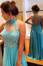 Scoop Chiffon Sleeveless Prom Dress Sweep Train and Beading and Appliques