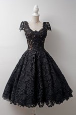Nice Scoop Cap Sleeves Tea Length Lace Zipper Party Dress with Black