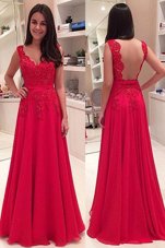 Red A-line Lace Prom Gown Backless Chiffon Sleeveless Floor Length
