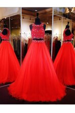 Top Selling Scoop Coral Red A-line Beading Prom Dress Zipper Organza Sleeveless Floor Length