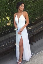 Traditional Halter Top White Sleeveless Floor Length Pleated Backless Prom Dresses