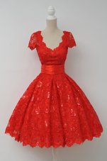 Gorgeous Lace Scalloped Red Cap Sleeves Sashes|ribbons Knee Length Teens Party Dress