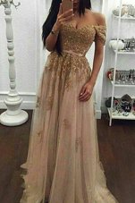 Fantastic Off the Shoulder Champagne Short Sleeves Tulle Sweep Train Zipper Evening Dress for Prom