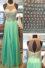 Flare Apple Green Sleeveless Beading Floor Length Dress for Prom