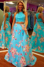 Halter Top Sleeveless Sweep Train Zipper Dress for Prom Aqua Blue Satin