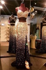 Fantastic Mermaid Gold Sleeveless With Train Beading Backless Evening Party Dresses