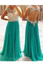 Green A-line Scoop Sleeveless Chiffon Floor Length Backless Beading Prom Evening Gown