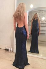 New Arrival Mermaid Scoop Floor Length Navy Blue Sequined Sleeveless Sequins