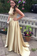 Affordable Sleeveless Satin Prom Evening Gown Beading Sweep Train Backless