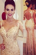 Glorious Mermaid Sequins Gold Long Sleeves Tulle Backless Prom Dresses for Prom and Party