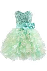High Class Green Organza Lace Up Club Wear Sleeveless Knee Length Beading and Bowknot
