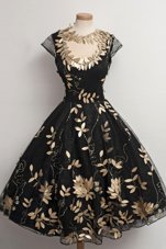 Tea Length Black Party Dress for Girls Scalloped Cap Sleeves Zipper