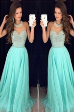 Ideal Aqua Blue Prom Dresses High-neck Sleeveless Sweep Train Zipper
