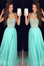 Fashionable One Shoulder Navy Blue Criss Cross Dress for Prom Beading Sleeveless Floor Length