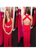 Red Sleeveless Floor Length Beading Criss Cross Prom Dresses