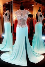 With Train Aqua Blue Prom Gown Chiffon Sweep Train Cap Sleeves Beading