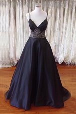 Affordable Black A-line Spaghetti Straps Sleeveless Satin With Train Sweep Train Backless Beading Prom Dress